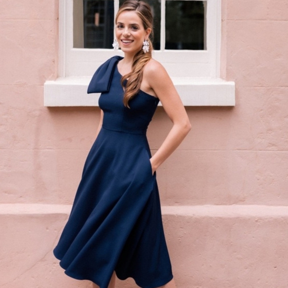 GAL MEETS GLAM Yvonne One Shoulder Bow Detail Fit & Flare Dress Navy Blue 6P